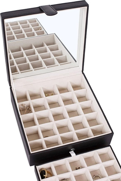 Internet's Best Faux Leather Grid Jewelry Box - 2-Tier Jewelry Organizer with 25 Slot for Rings, Earrings, Bracelets & Necklaces - Modern Style & Elegant Case with Velvet Lining & Mirror - Black