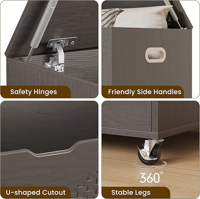 Storage Chest, Rattan-Style Toy Storage Bench with Lid and Wheels, Square Storage Trunk for Entryway, Bedroom, Living Room(Gray)