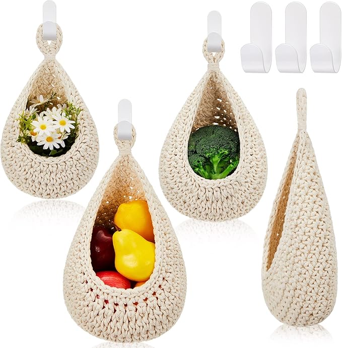 Honeydak Hanging Wall Basket Teardrop Hanging Baskets Onion Basket Coat Bohemian Storage Fruit Wall Hooks for Kitchen Wall Home Restaurant Storage Vegetable, 3 Sizes(White)