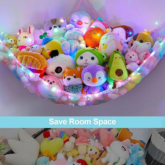 Unicorn Castle Stuffed Animals Net or Hammock Kids Toy Storage Organizer with LED Light Hanging Corner Stuffed Animals Holder Kids Girls Room Decor,Blue-Purple,Large (Pack of 1)