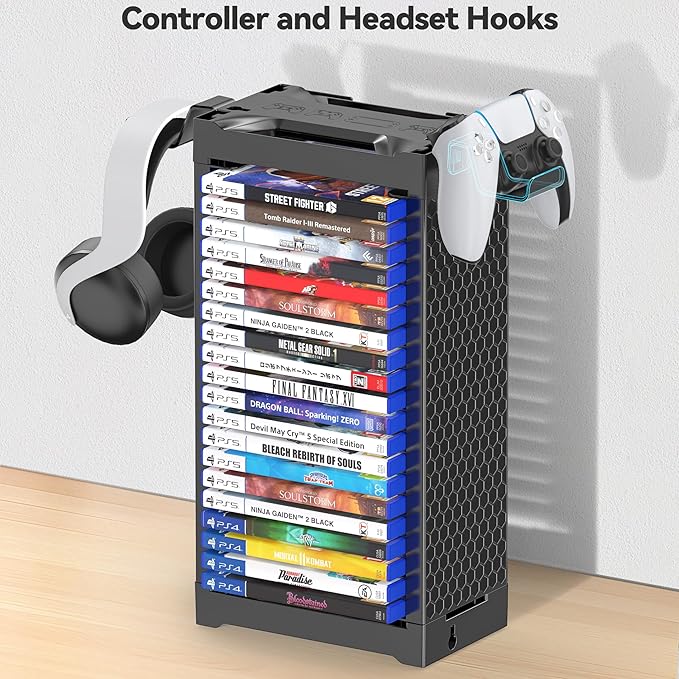 Video Game Storage Tower Holder with Controller Stand, Wall Mount Game Organizers and Storage for Nintendo Switch 2/ PS5/4/ XboxOne/Series, Vertical & Horizontal Stand for 20 Gaming Discs Accessories