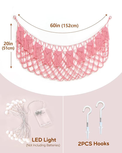 Stuffed Animal Storage Hammock or Net with Lights- Big Wall Hanging Stuff Animal Organizer Holder for Plush Plushie, Boho Macrame Toy Hammock for Girs Kids Bedrooms Playroom Nursery（Pink）