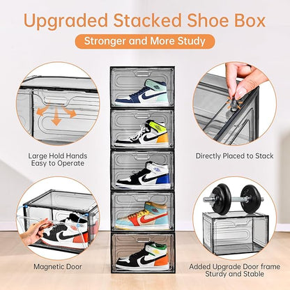 Amllas New Gray 8 Pack Shoe Boxes Stackable, Large Shoe Storage Organizer with Lids,Drop Side Shoe Containers for Entryway,Sneaker Storage Fit up to US Size 13 for Men/Women(13’’x 10.6”x 8.3”)