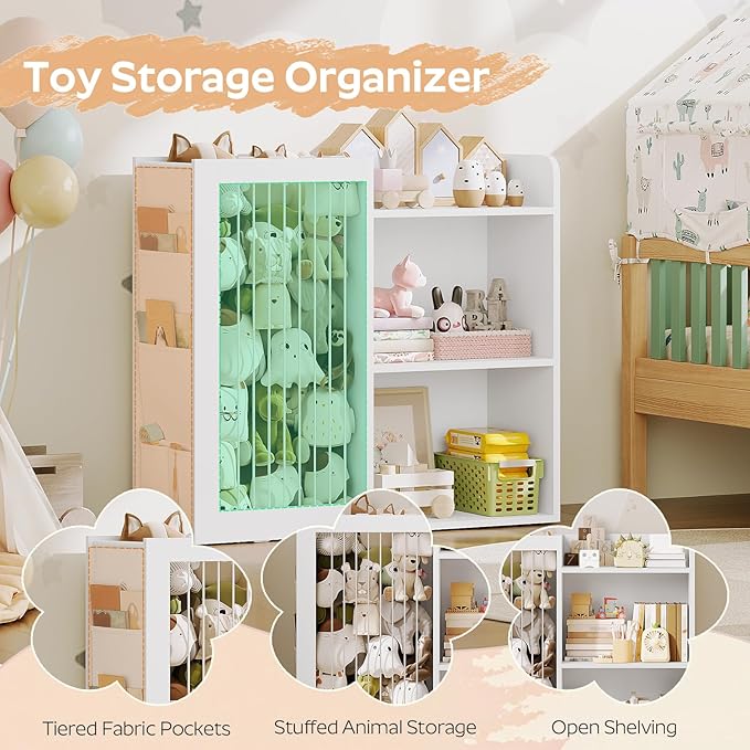 Kids Bookshelf and Toy Storage Organizer, 3 Tier Bookcase for Kids Rooms, Book Shelf with Stuffed Animal Storage, Side Oxford Fabric Pockets, for Playroom, Nursery, Bedroom, White CW02WT