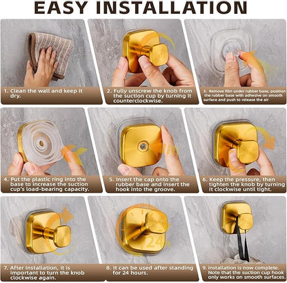Supopular Heavy Duty Reusable Suction Cup Hooks for Kitchen/Bathroom/Shower - Wet-Proof Hooks for Towels, Robes, Loofah&Wreaths/No Drill Mounting on Glass, Tile, Metal (2, Brushed Gold)