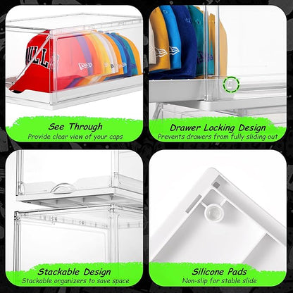 Vtopmart 4 Pack Hat Organizer for Baseball Caps, Clear Hats Holder Box with Drawer, Large Cap Storage with Sliding Tray, Stackable Rack Display Case with Magnetic Door, Each Holds 12 Hats