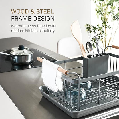 Yamazaki Home Sink Removeable Drainer Tray, Kitchen Drying Organizer Holder, One Size, White Steel + Wood | Dish Rack, Gray