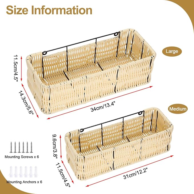 OwnMy Plastic Wicker Hanging Basket for Kitchen, Set of 2 Wall Storage Baskets Hanging Fruit Vegetable Basket for Kitchen Cabinet Pantry Organizing, Bathroom Toilet Paper Storage Baskets Organizers