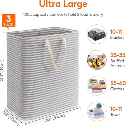 Lifewit 3 Pack Laundry Hamper Large Collapsible Laundry Baskets, Freestanding Waterproof Clothes Hamper with Easy Carry Handles in Laundry Room Bedroom Bathroom College Dorm, Grey, 3 x 100L