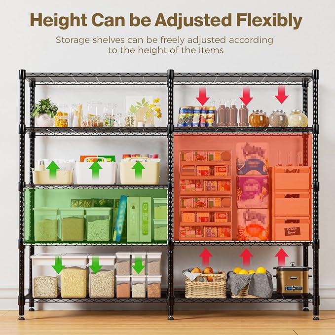 Himimi 72" W Wire Rack Shelving-2000LBS Capacity, Adjustable Storage Shelves Metal Shelves for Storage, 5-Tier Heavy Duty Wire Organizer for Kitchen, Garage, Pantry, 72" W x 18" D x 72" H, Black
