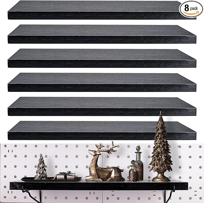 Black Pegboard Shelf, 8 Pack Wooden Pegboard Shelves with Metal Brackets Hooks, Heavy Duty Peg Board Organizer Shelves, Pegboard Accessories Organizer for Crafts Room, Garage, Workbench, Office