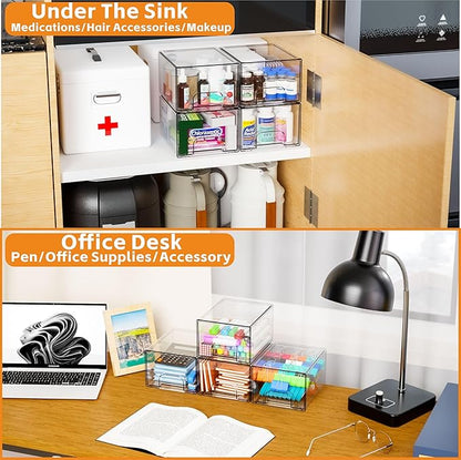 Yieach 2 Pack Clear Stackable Storage Drawers,4.4'' Tall Acrylic Drawer Containers for Organizing,Bathroom Organizers and Storage Bin Box,Plastic Makeup,Medicine Organizer Bins for Cabinet,Undersink