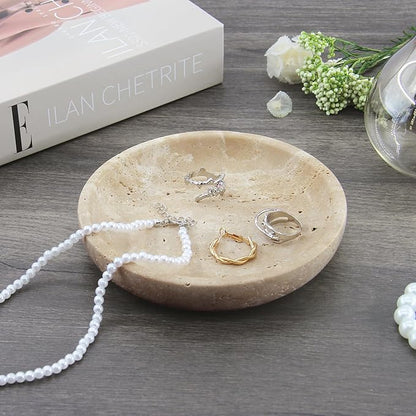 Plukers Small Natural Marble Jewelry Tray Key Plate Holder Dish Trinket Decor Catch All Bowl for Ring Earring Stone Gift for Women Daugther,Beige Travertine