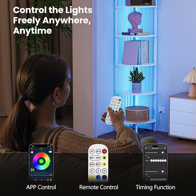 6 Tier Corner Shelf with Light, Music Synic 60000 DIY LED Color Smart Remote Tall Display Shelves Corner Shelf Stand Bookshelf Wood Rack Metal Frame for Living Game Room Bedroom, White