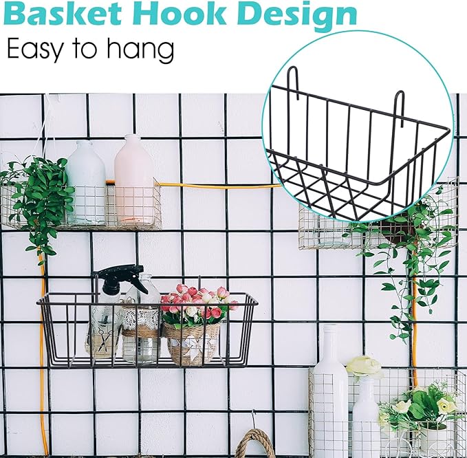10 PCS Hanging Wire Baskets for Organizing - Hanging Metal Basket Storage with Wall Grid Panel, Rust-Resistant Iron for Kitchen Bathroom Home Decor (Black, 9x3.9x3 Inches)