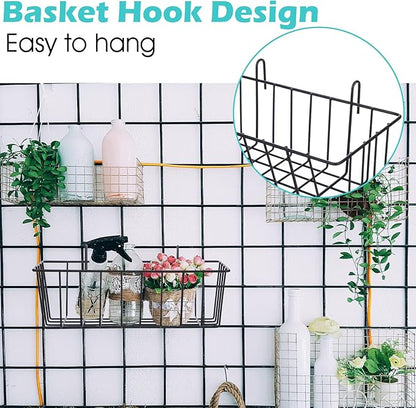 10 PCS Hanging Wire Baskets for Organizing - Hanging Metal Basket Storage with Wall Grid Panel, Rust-Resistant Iron for Kitchen Bathroom Home Decor (Black, 9x3.9x3 Inches)