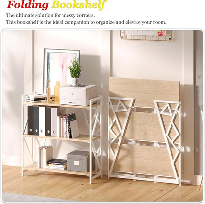 UDD No Assembly Wide Folding Bookshelf, 34" H x 30.9" W, 3 Tier Foldable Book Shelf Industrial Bookcase, Vintage Collapsible Storage Shelves for Home Office Living Room Bedroom, Light Oak White