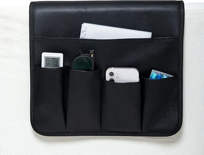 PU Leather Sofa Armrest Organizer, Armchair Magazine Holders, Waterproof Remote Holder for Recliner Couch with 1 Large Pocket, 4 Small Pockets for Magazine, Remote, Phone, Ipad, Books (Black)