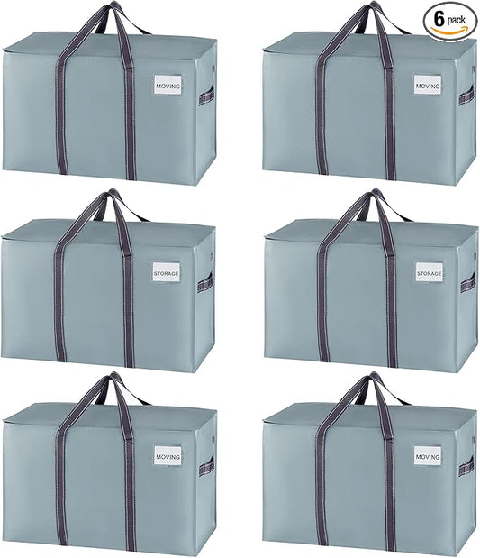 VENO 6 Pack Moving Bags and Large Christmas Storage Bins with lids. Alternative to Moving Boxes, Packing Supplies for College. Extra Large Heavy Duty Totes for Packaging (Light Blue Matte, 6 Pack)