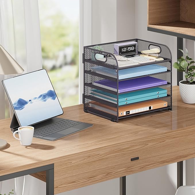 2 Pack 5 Tier Paper Organizer, Letter Tray with Handle, Mesh Desk Organizer, Metal File Organizer, Office Desk Accessories for Home, Office, Classroom, School -Grey