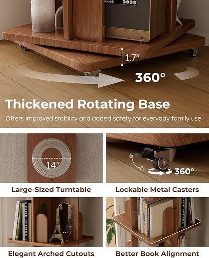 Solid Wood Rotating Bookshelf Tower with Book Ends, 6 Tier Corner Book Shelf with Wheels, Spinning Bookshelf Kids, Revolving Bookcase Shelf, Tall Narrow Book Case for Small Spaces, Walnut