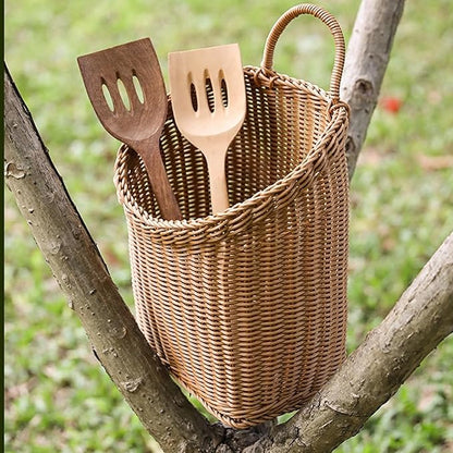 Wicker Storage Basket, Small Plastic Woven Wall Hanging Basket, for Vegetable Garlic Potato Onion Fruit Flower Storage, Hand Woven Basket for Shelves, 9.8'' x 7.9'' x 11.8''