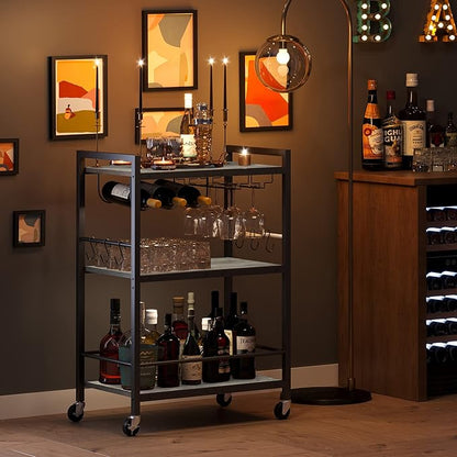 TUTOTAK Bar Cart - Serving Cart for Home - Microwave Cart, Drink Cart, Mobile Kitchen Shelf with Wine Rack and Glass Holder, Rolling Beverage Cart BC01BG030