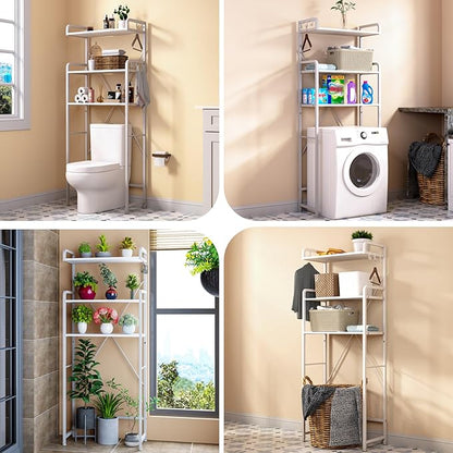 Huhote Over The Toilet Storage Rack with 3-Tier Bathroom Shelves, Space Saver Toilet Shelf, Bathroom Storage Organizer with Hooks for Over Toilet Storage and Shelf (White)