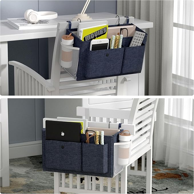 Edudif Bedside Caddy Bedside Organizer with Fixed Straps & Water Bottle Holder, Bunk Bed Caddy ideal for Home, Dorm, Hospital, Crib, Versatile Bedside Storage Solution (Navy)