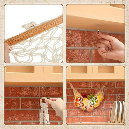 2 Pcs 11.8 x 20 Inch Large Macrame Fruit Hammock Under Cabinet Veggie Banana Hammock Hanging Fruit Basket Saves Counter Space for Kitchen Hand-woven Lace Hanging Basket for Kitchen(Novelty Style)