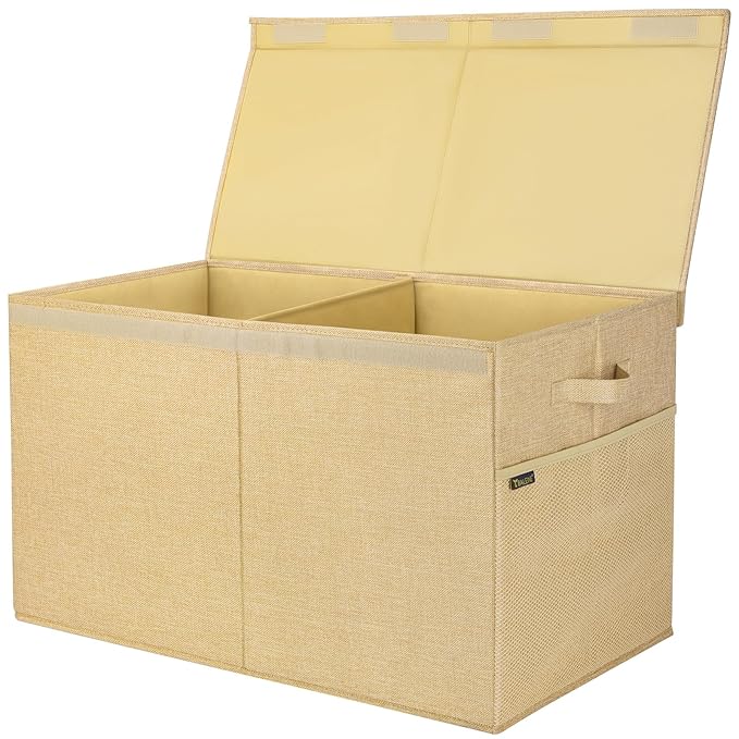 BALEINE Fabric Storage Bins with Lid, Collapsible Extra Large Storage Boxes Bins Baskets with Divider for Home Organizing (25"x13"x16", Khaki)