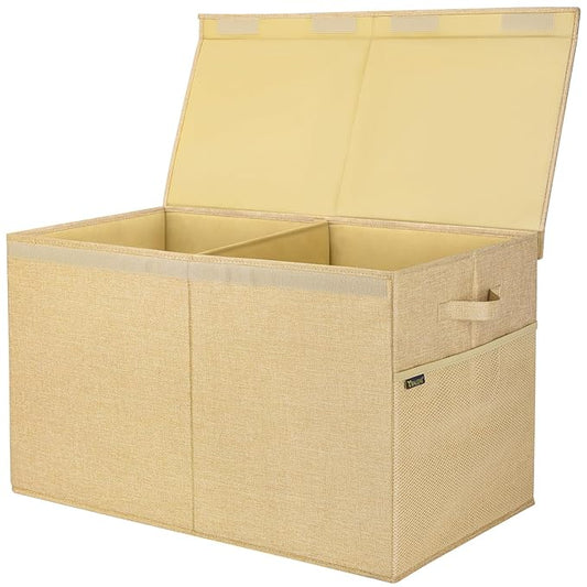 BALEINE Fabric Storage Bins with Lid, Collapsible Extra Large Storage Boxes Bins Baskets with Divider for Home Organizing (25"x13"x16", Khaki)