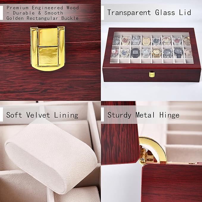 Baojulong 24-Slot Red Wooden Watch Box, Watch Organizer with Clear Lid, Suitable for Various Watches