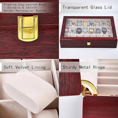 Baojulong 24-Slot Red Wooden Watch Box, Watch Organizer with Clear Lid, Suitable for Various Watches