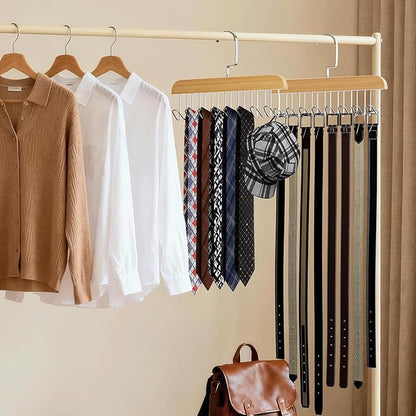 2 Pack Belt Hanger for Closet, Wooden Tie Racks Hanger with Upgraded 360°Rotating, Space-Saving Belt Holders with 8 Hooks, Closet Storage for Tie,Tank Top,Bra, Scarf,Hat
