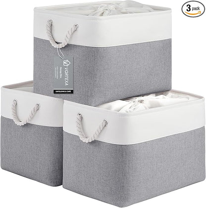 Large Storage Baskets- 16x12x12 inch Storage Bins for Shelves and Closet Organizing, Foldable Fabric Bin for Home Organization Clothes and Laundry (3-Pack, White&Gray)