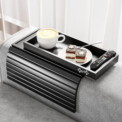 Bamboo Sofa Armrest Tray Table for Couch - 2-in-1 Couch Arm Table with Be Slide Detachable Tray- Anti-Slip Foldable Sofa Armchair Caddy for Drinks Cellphone TV Remote Snacks (Black)