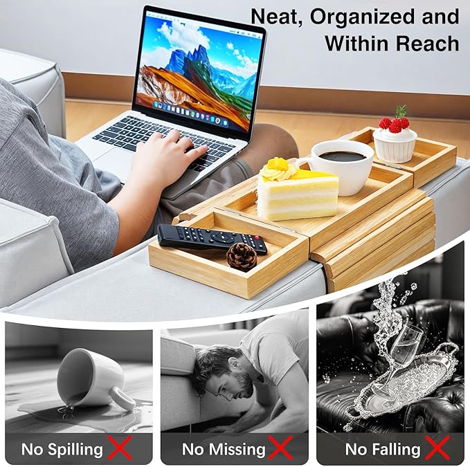 Couch Arm Tray, Expandable and Foldable Couch Armrest Table, Natural Bamboo Sofa Arm Tray, Non-Slip Armrest Organizer for Drink, Cup, Snack, Control, Fruit, Easy to Clean, Natural