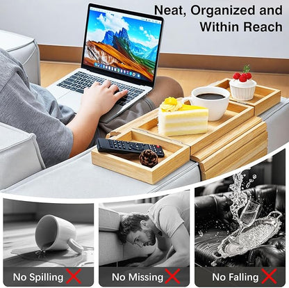Couch Arm Tray, Expandable and Foldable Couch Armrest Table, Natural Bamboo Sofa Arm Tray, Non-Slip Armrest Organizer for Drink, Cup, Snack, Control, Fruit, Easy to Clean, Natural