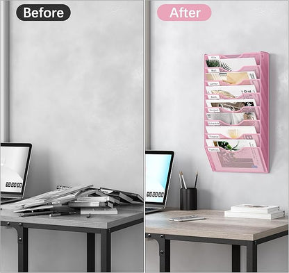 EasyPAG 8 Pocket Mesh Wall File Organizer, Hanging Paper Folder Holder with Classify Label, Vertical Wall Mount Mail Organizer for Office Home Classroom, Pink