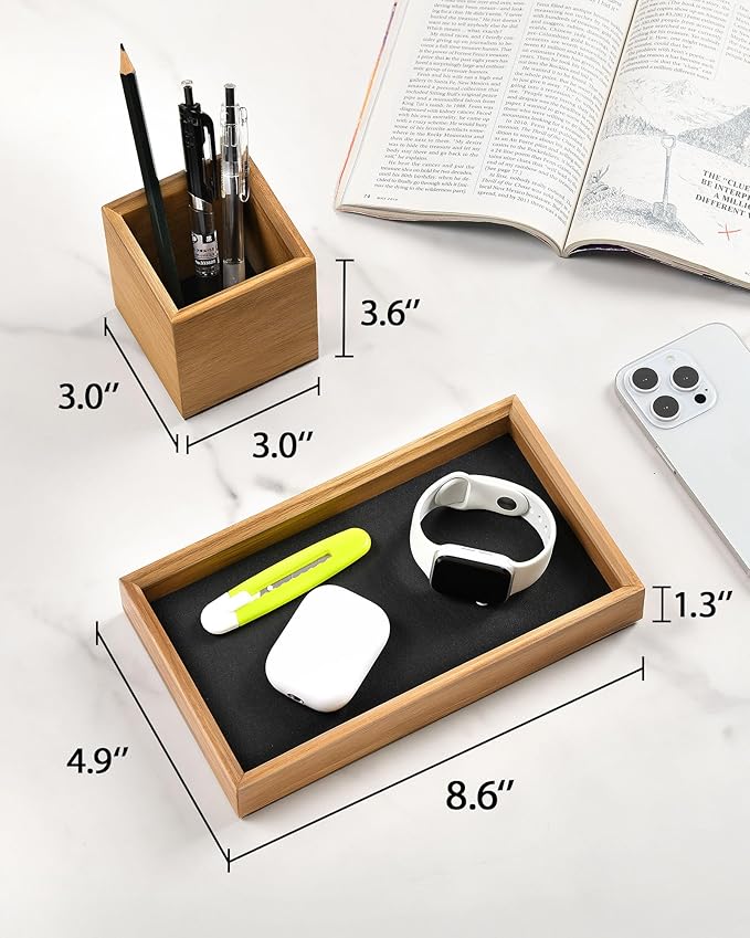 HULISEN Wooden Desk Organizer Tray with Pen Holder, Non-Slip Desk Tray and Pencil Holder Set with Felt Lined, Desktop Accessories for Home Office Workspace Organization