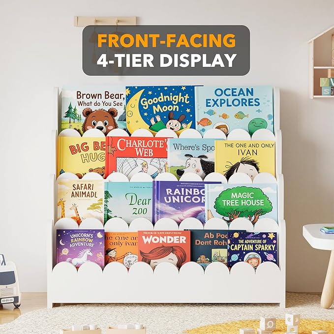 SpaceAid 4-Tier Scalloped Bookshelf, Montessori Bookcase for Toddlers, Wooden Book Shelf Organizer Display Furniture for Kids Rooms, Playroom, Nursery and Classroom, 29.6“ Wide, White