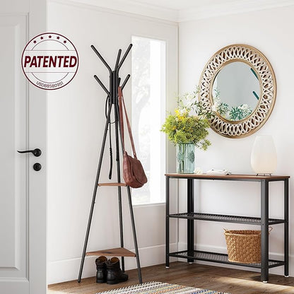 VASAGLE Coat Rack Freestanding, Coat Hanger Stand, Hall Tree with 2 Shelves, for Clothes, Hat, Bag, Industrial Style, Hazelnut Brown and Black