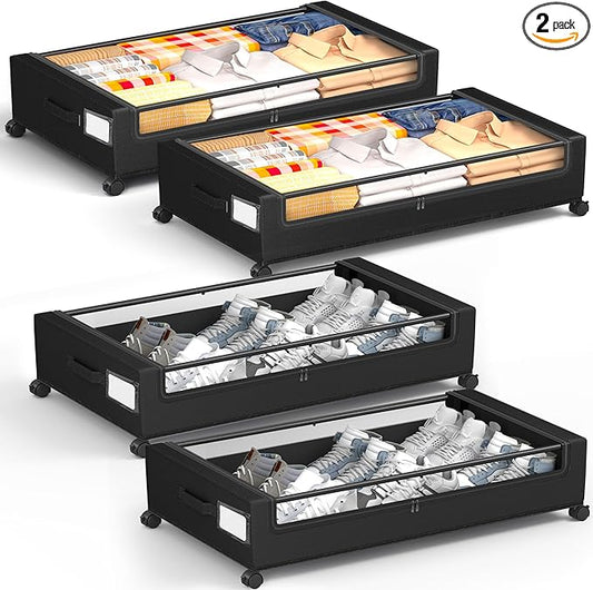 YEEBONIX Under Bed Storage with Wheels, Square Under Bed Storage Containers, 4 Pack Under The Bed Storage Bins, 60L Under Organizer with Clear Lids, Rolling Underbed Storage For Clothes, Shoes...