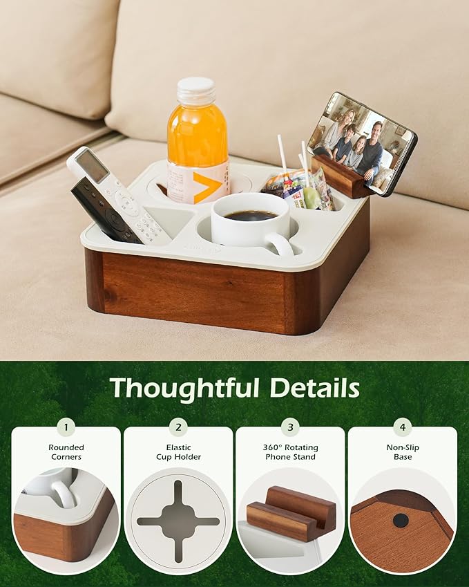 Couch Cup Holder Tray, Acacia Wooden Couch Caddy with Rotatable Phone Holder for Bed Organizer, Waterproof Anti-spill Sofa Cup Holder for Snacks Beverage Remote Grey