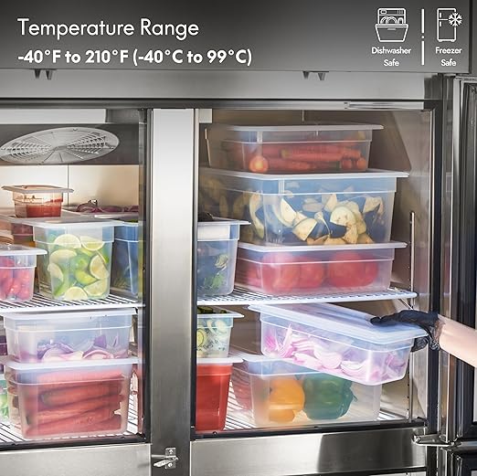CURTA 4-Pack 1/4 Size 6" Deep Food Pan with Handled Lid – NSF Listed Commercial-Grade Translucent Polypropylene, Stackable Freezer-safe Storage for Restaurants, Catering & Buffets