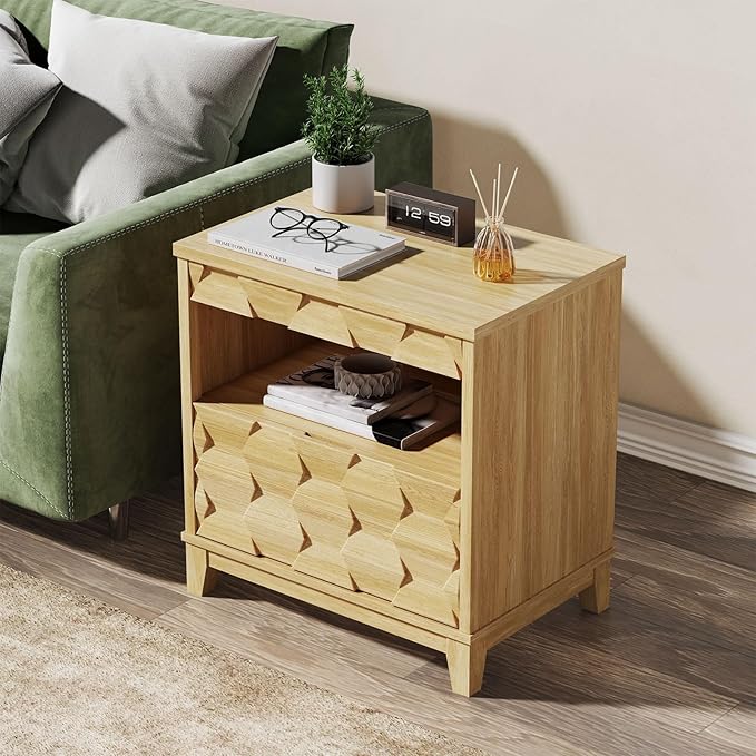 BROTTAR 24" Wide Night Stand with Gun Drawer, Modern Fluted Bedside Table with Unique 3-Dimensional Craft, Wood Sofa Couch End Side Table for Bedroom Office, Natural