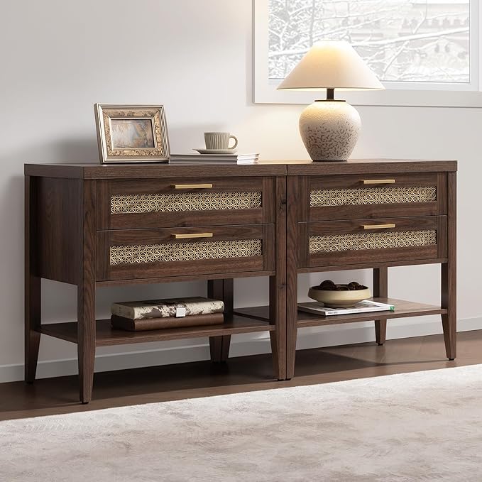 SICOTAS Large Night Stand, Nightstand with 2 Drawers and Storage Shelf, Rustic Wooden Bedside Table for Bedroom, Mid Century Modern Bed Side End Table (Espresso Walnut, 1 Piece)