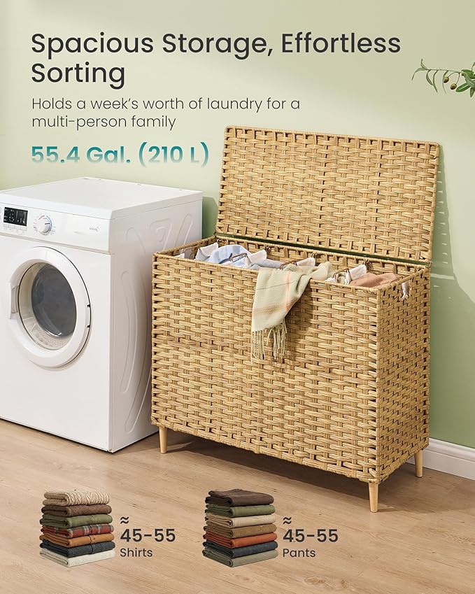 SONGMICS Laundry Hamper with Lid, PE Rattan Laundry Basket with Removable Liner, Storage Basket for Bedroom Living Room, 4-Section Sorter, 55.4 Gallons (210 L), Goose Yellow ULCB224YE01