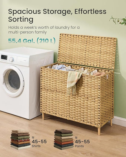 SONGMICS Laundry Hamper with Lid, PE Rattan Laundry Basket with Removable Liner, Storage Basket for Bedroom Living Room, 4-Section Sorter, 55.4 Gallons (210 L), Goose Yellow ULCB224YE01